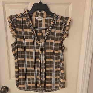 Calvin Klein Women's Checkered Blouse - Black and Tan